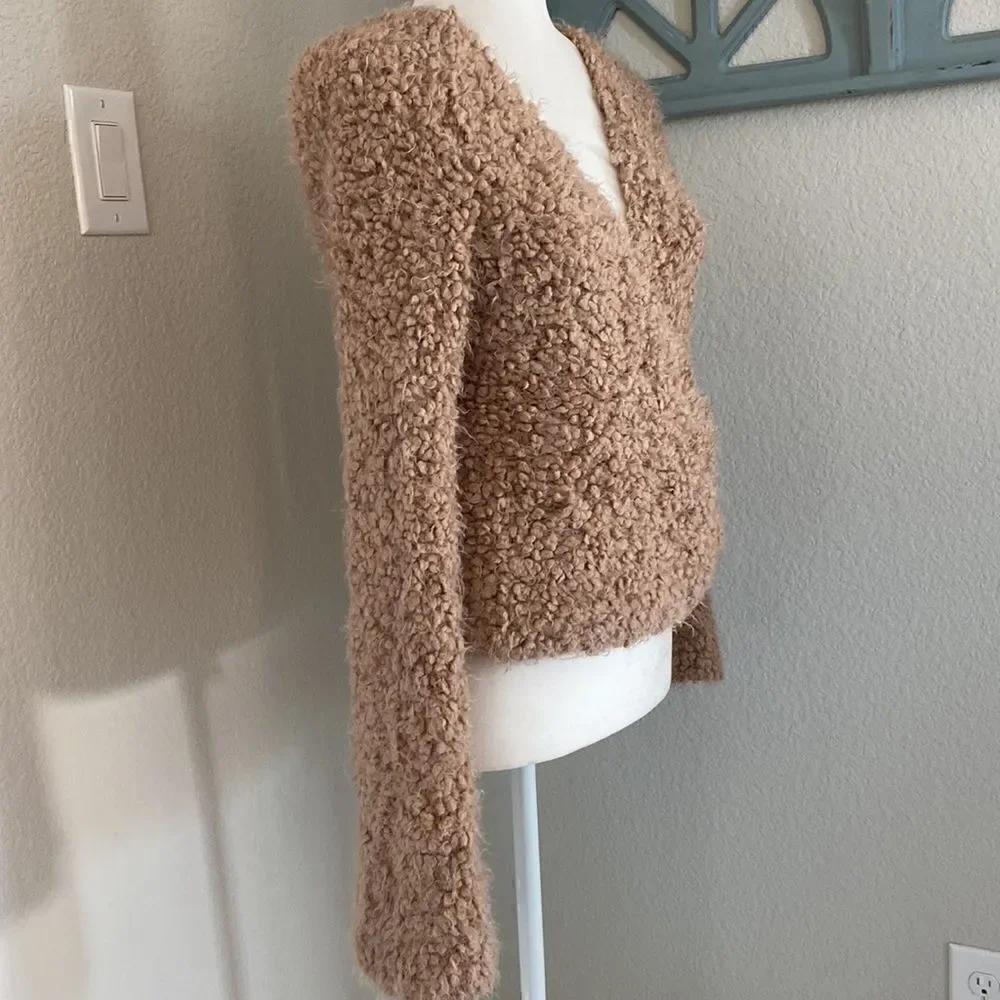 Free People Front Wrap Fuzzy Soft Long Sleeve Top Small Beige Nude Cream Earthy